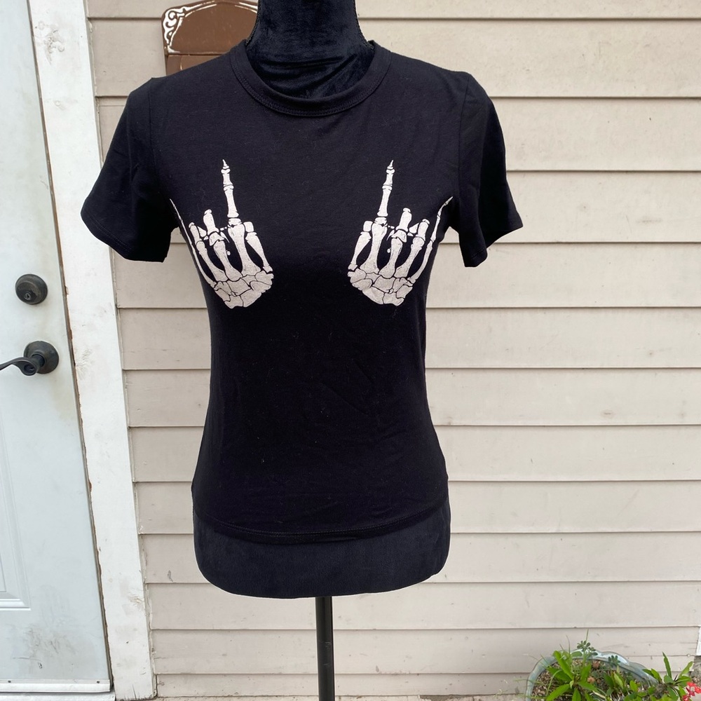 Black T-Shirt with Skeleton Hand Design